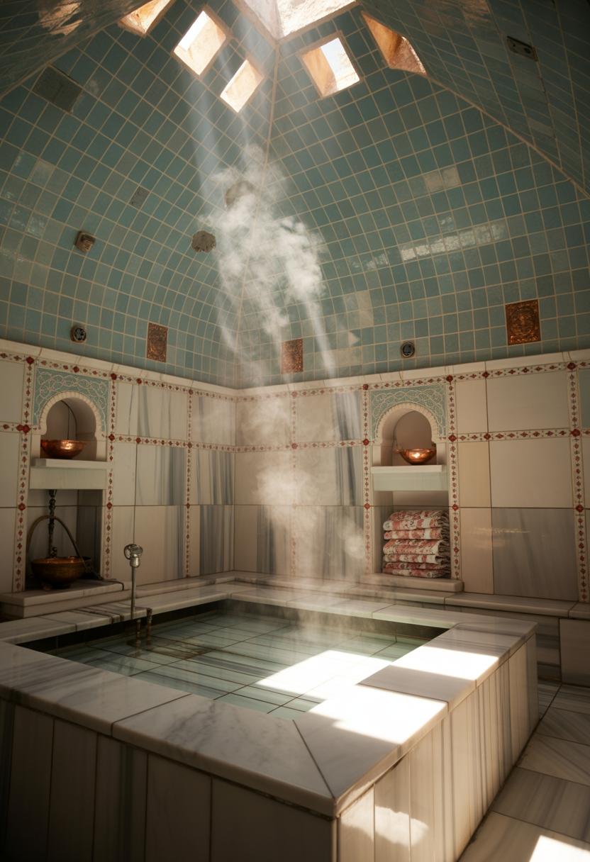 Geleneksel Turk hamaminda buhar yukselen mermer platform