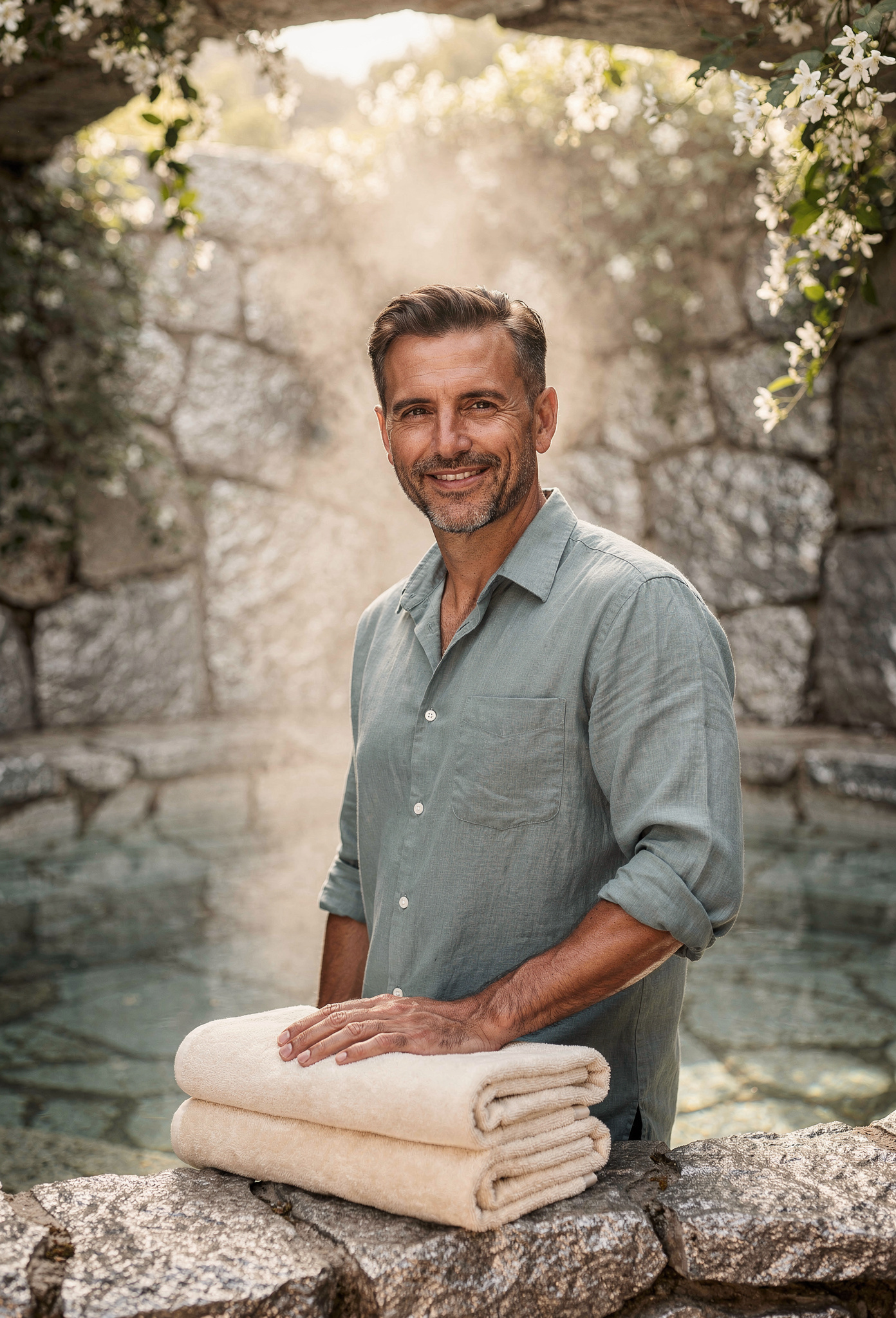 Termal su kenarinda profesyonel masaj uygulayan terapist